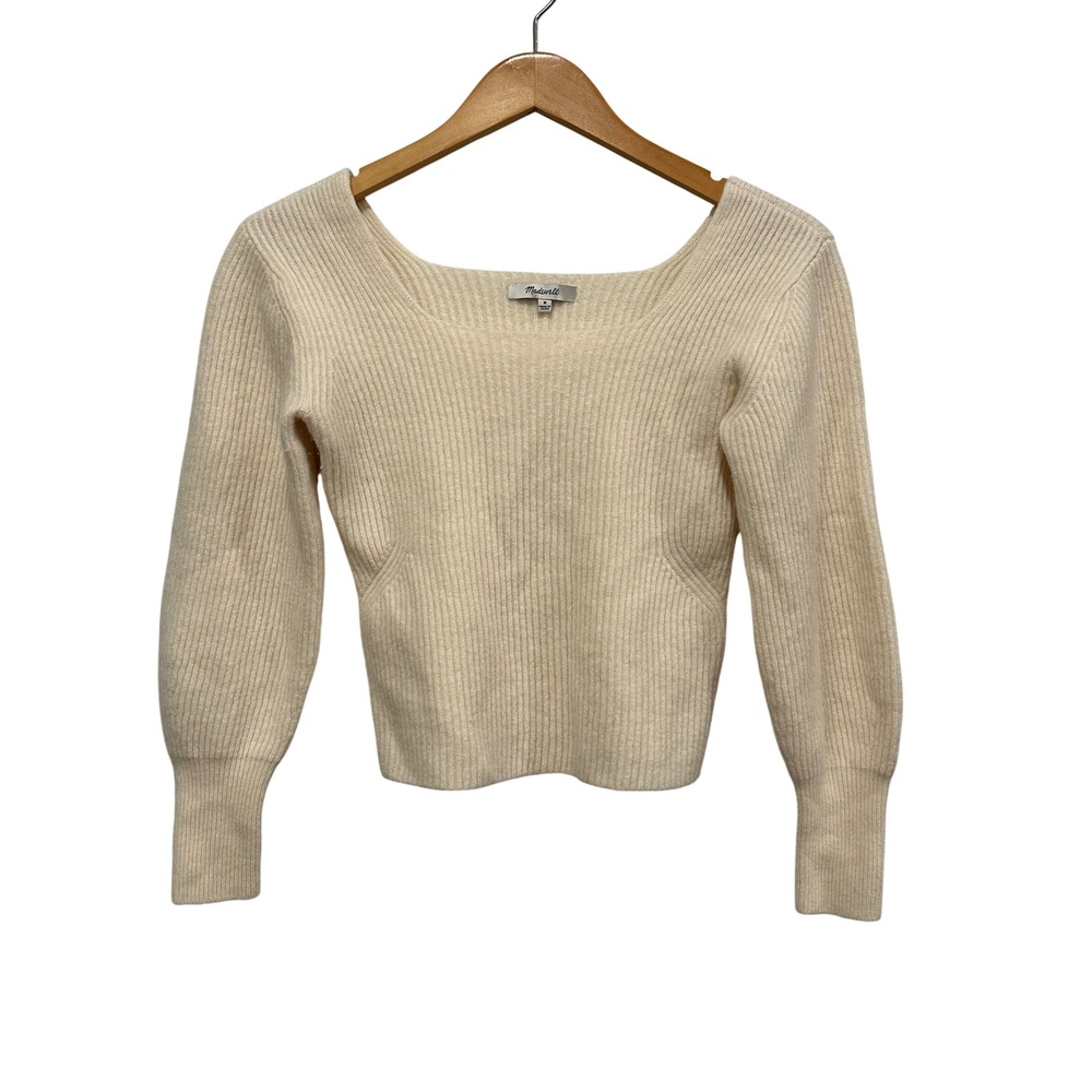 Madewell Wool Cashmere Ribbed Square Neck Puff Sleeve Sweater Cream M